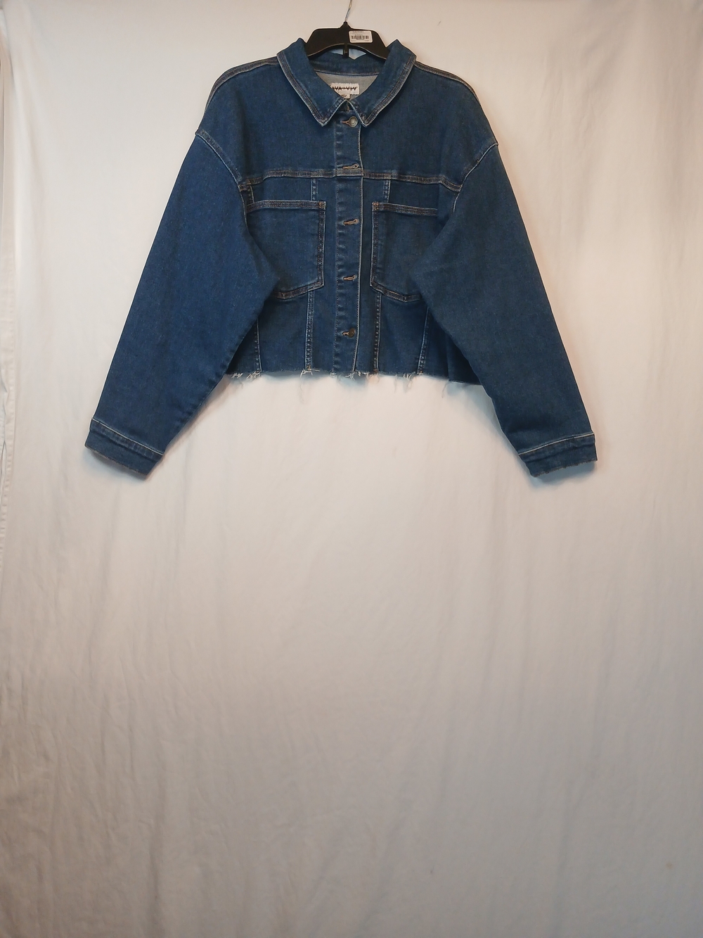Blue Dark Wash Raw Edge Button Front Cropped Denim Jacket 2X